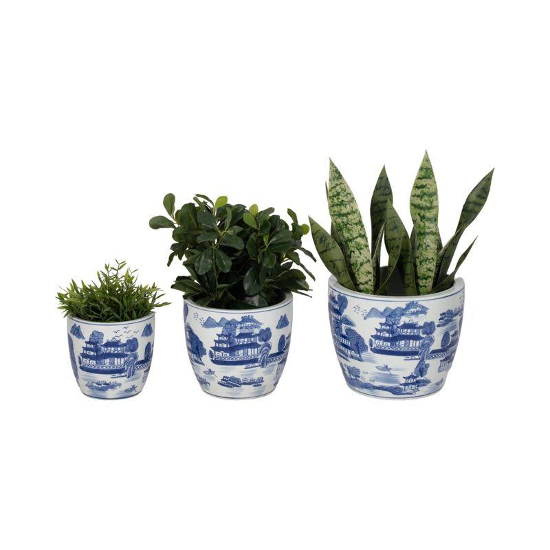 Sagebrook Home 3pc Chinoiserie Planters Ceramic: Hand-Painted, Rust-Resistant, No Drainage Hole(s)