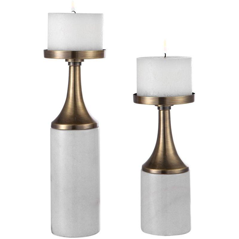 Contemporary White Marble and Brass Candle Holders Set of 2