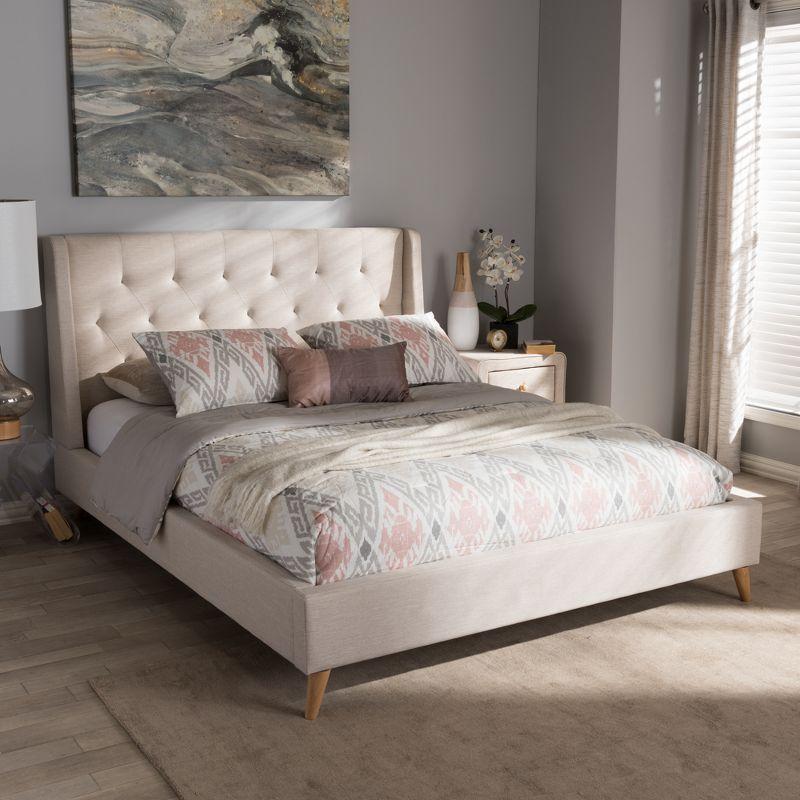 Baxton Studio Queen Adelaide Retro Modern Fabric Upholstered Platform Bed Light Beige: No Box Spring Needed, Polyester Fill