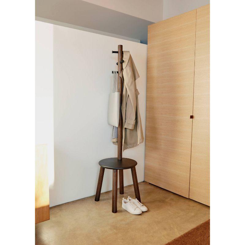 Black and Walnut Multifunctional Coat Rack with Integrated Stool