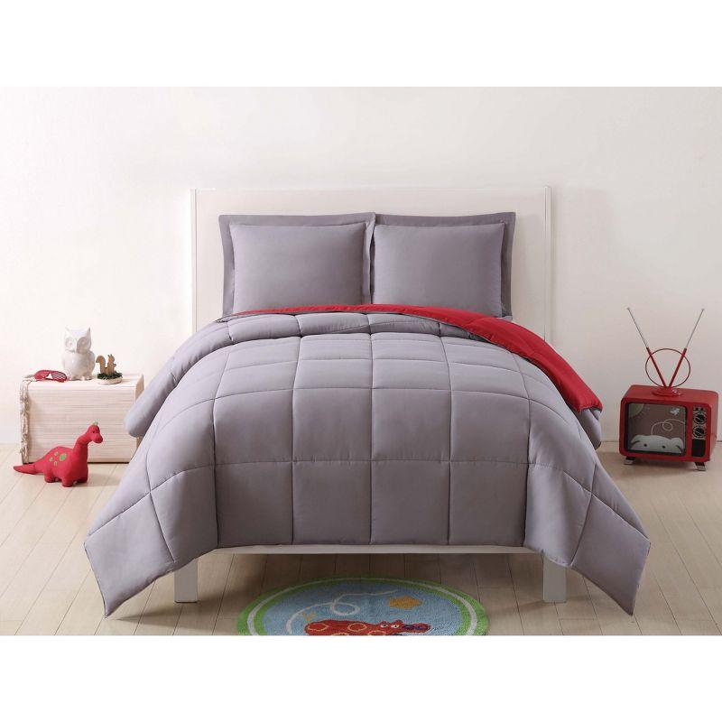 Full Gray and Red Reversible Microfiber Comforter Set