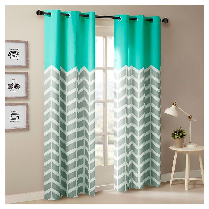 Aqua and Gray Chevron Room-Darkening Grommet Curtain Panel Pair