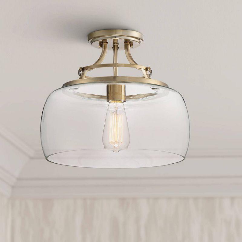 Franklin Iron Works Charleston Modern Farmhouse Ceiling Light Semi Flush Mount Fixture 13 1/2" Wide Warm Brass LED Clear Glass for Bedroom Kitchen