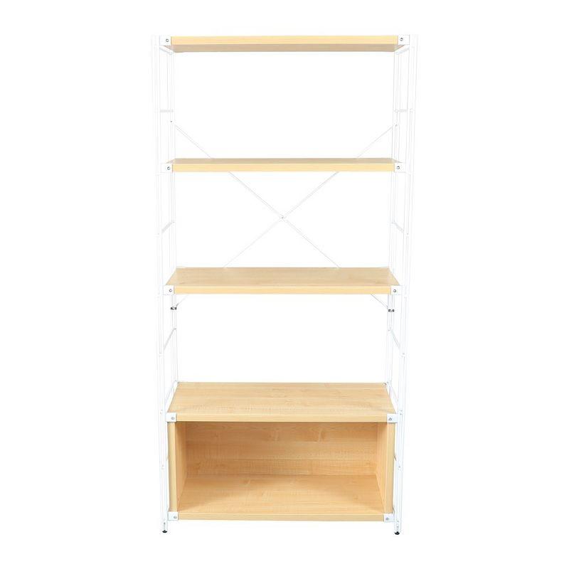 LeisureMod Etagere 4-Shelf Bookcase - White Stainless Steel Frame, Durable Melamine Shelves, Perfect for Living Rooms or Offices, Natural Wood