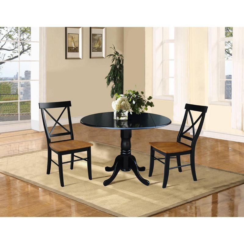 3pc Dining Set with a Dual Drop Leaf Dining Table and 2 Cross Back Dining Chairs Black/Cherry - International Concepts: Compact, Space-Saving Design