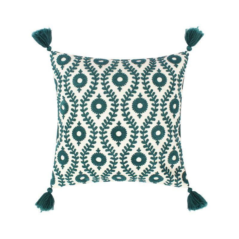 Teal and White Embroidered Square Pillow with Tassels