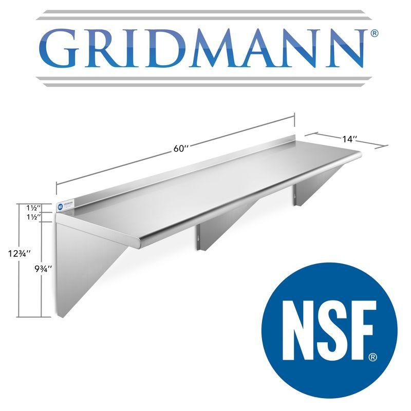 GRIDMANN 14" Deep Stainless Steel Kitchen Wall Mount Shelves with Backsplash - NSF Certified