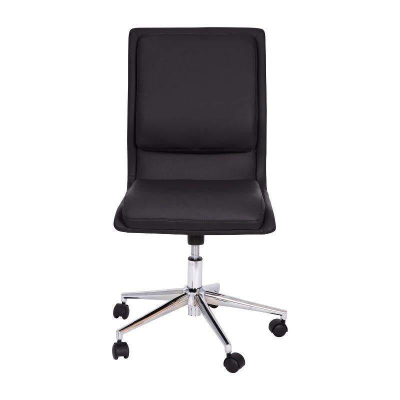 Armless Black Faux Leather Task Chair with Wood Swivel Base