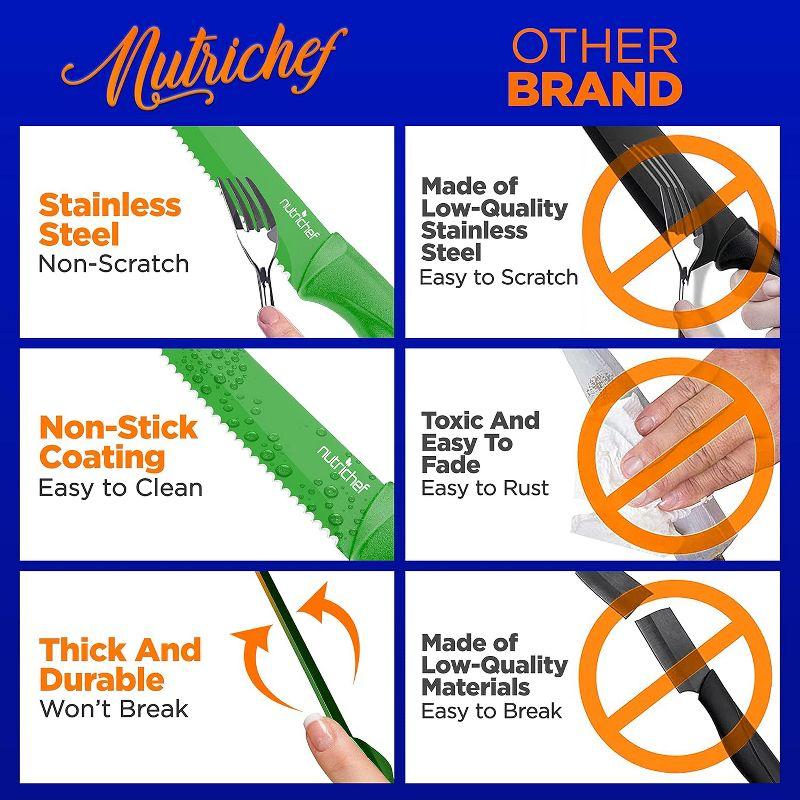 NutriChef 8-Piece Steak Knives Set with Non-Stick Coating and Stainless Steel Blades - Green