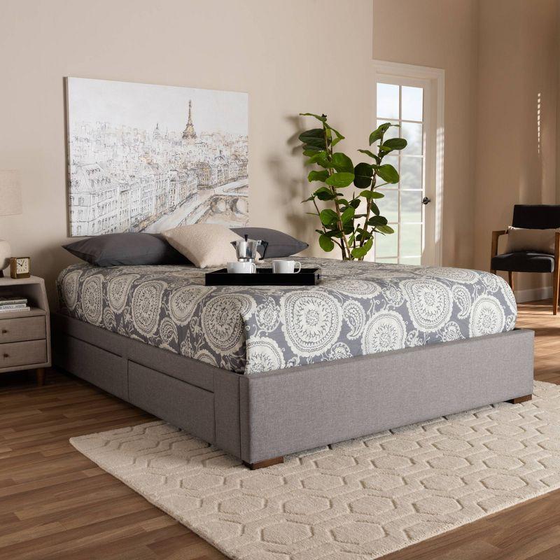 King Leni Bed Frame Gray - Baxton Studio: Storage Drawers, Polyester Upholstery, Foam Padded, Wood Block Feet