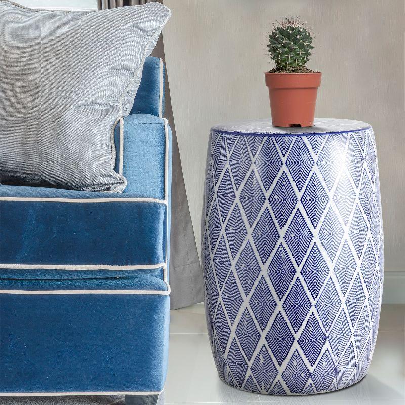 Moroccan Diamonds 18" Ceramic Drum Garden Stool, Blue/White - JONATHAN Y