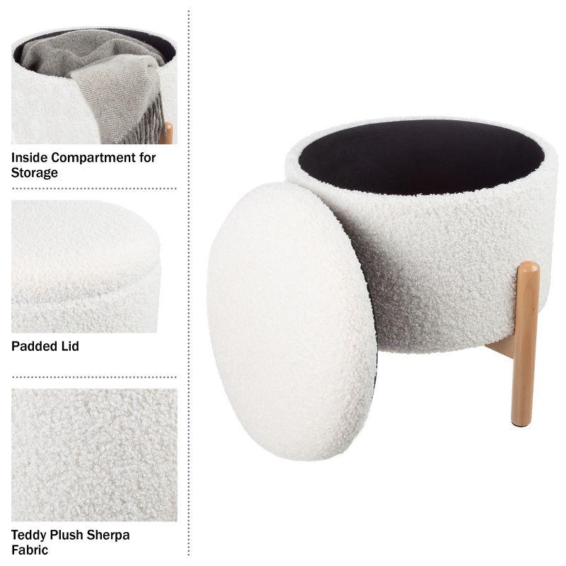 White Sherpa Plush Round Storage Ottoman with Padded Lid