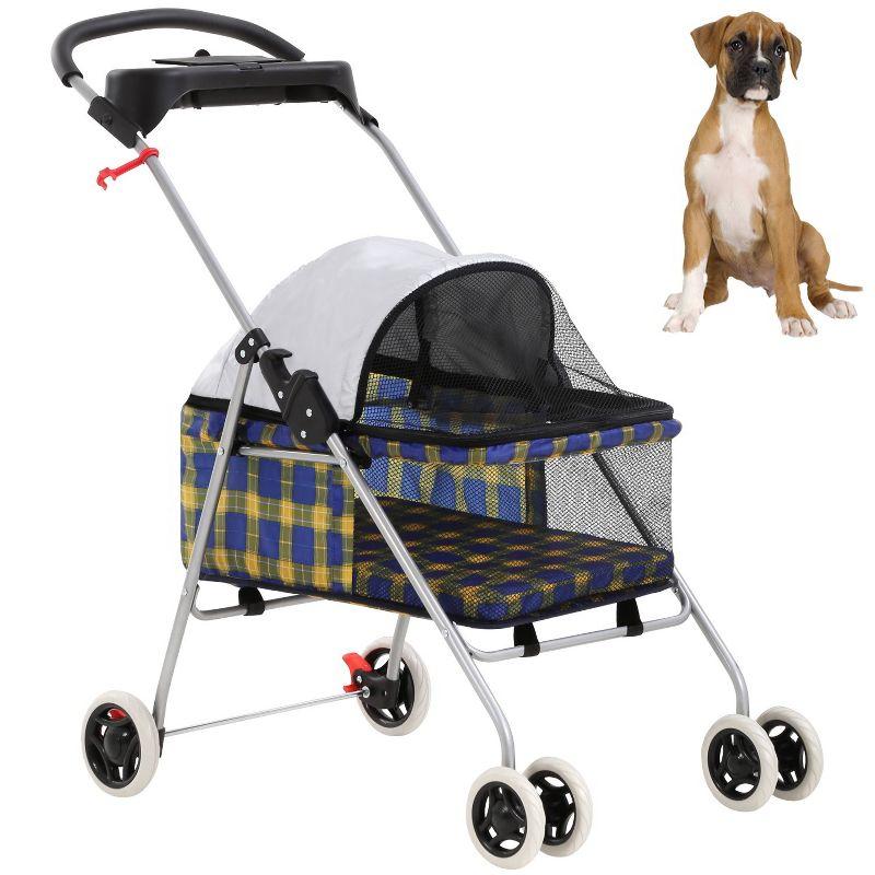 FDW 4 Wheels Pet Stroller Cat Dog Stroller Portable Folding Travel Carrier Strolling Cart Waterproof with Storage Basket,Mesh Windows, Yellow Plaid