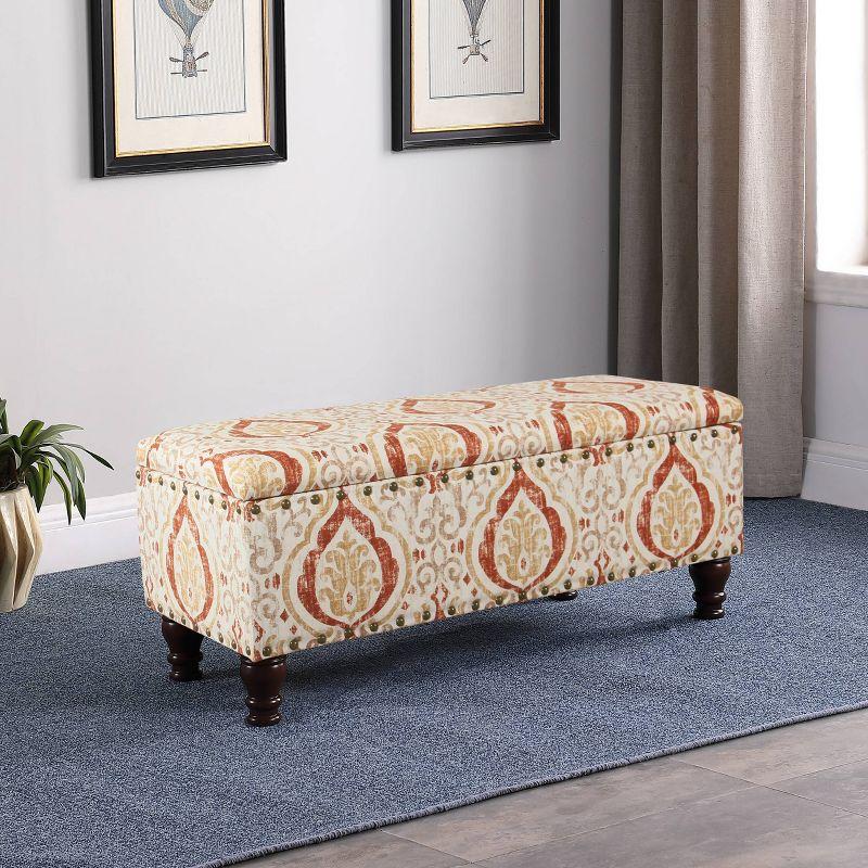Large Storage Bench with Nailhead Orange/Cream Medallion - HomePop: Upholstered Rectangular Ottoman for Bedroom