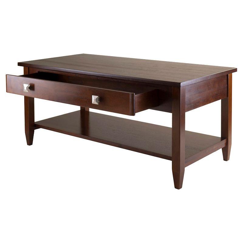 Richmond Coffee Table with Tapered Leg Walnut Finish - Winsome: Storage Shelf, Modern Brushed-Chrome Knobs