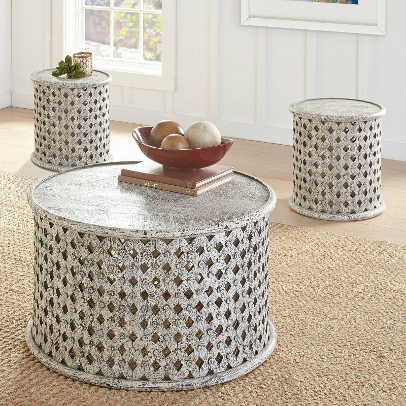 Samir Transitional Rustic Round Cocktail Table in Gray Cream