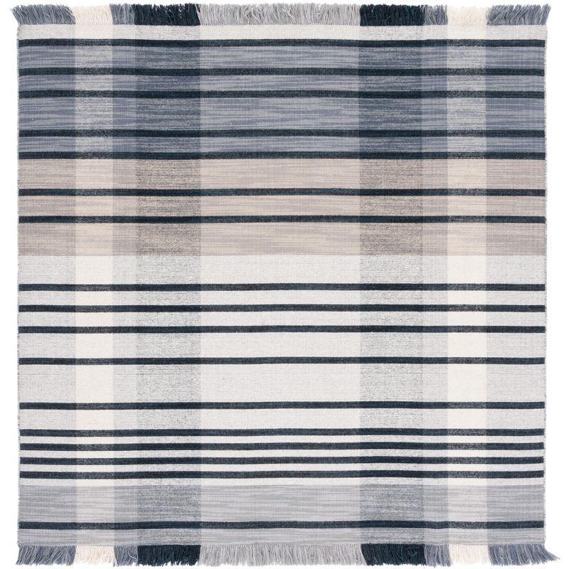 Modern Boho Black Stripe Square Wool Rug, Handmade Flat Woven