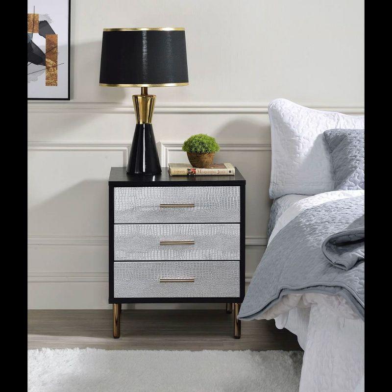 Black, Silver, and Gold 3-Drawer Faux Crocodile Nightstand