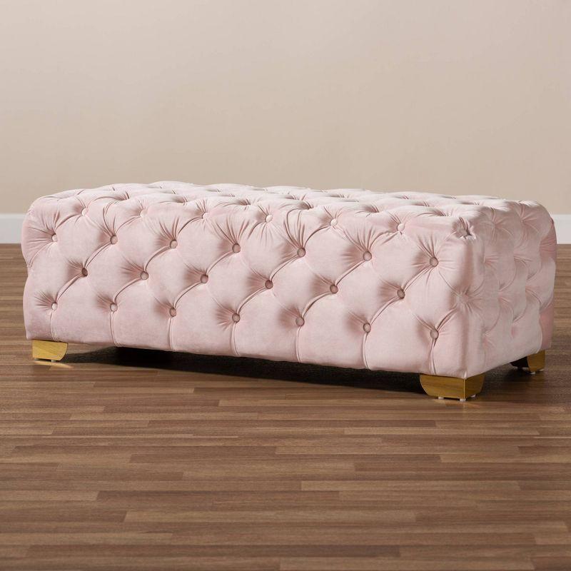 Baxton Studio Avara Velvet Button Tufted Bench Ottoman Pink: Modern Upholstered Rectangular Furniture
