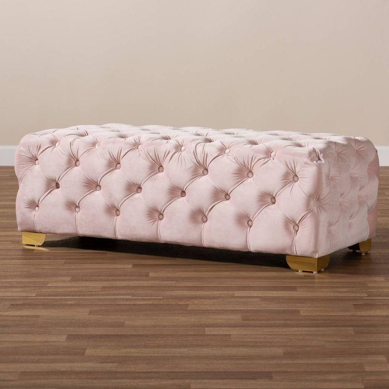 Luxurious Light Pink Velvet Tufted Ottoman with Gold Legs