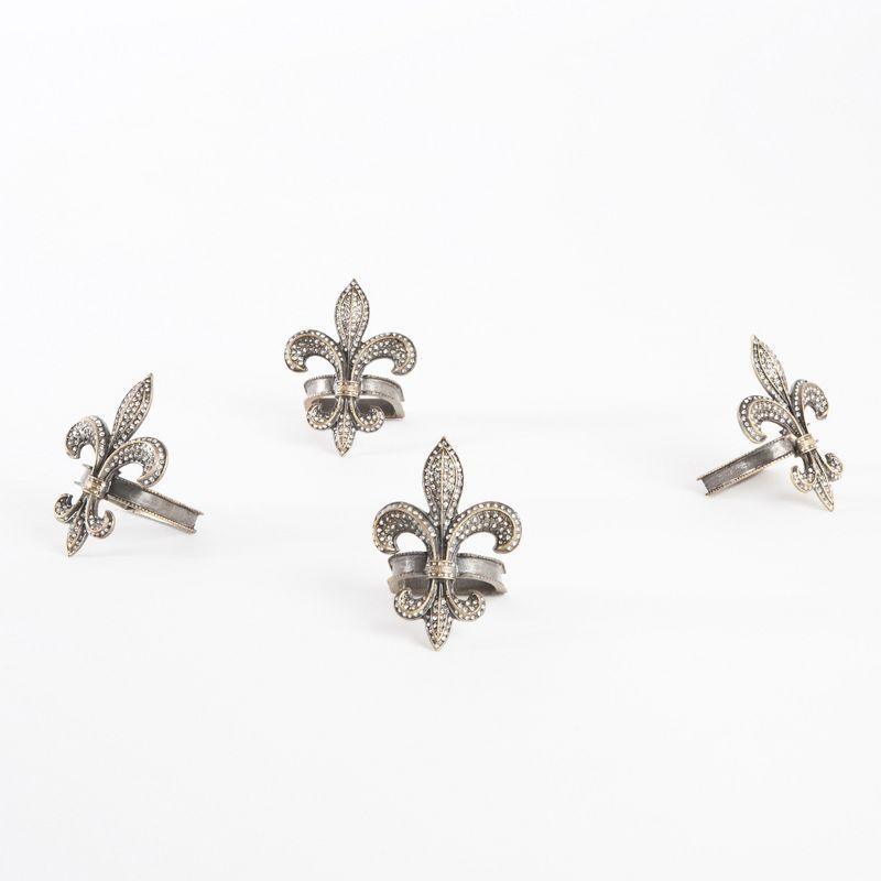 Silver Fleur-de-Lis Jeweled Napkin Rings, Set of 4