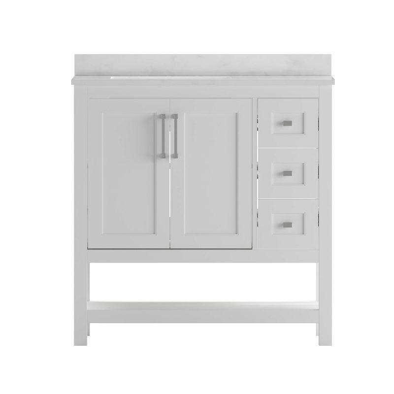 Taylor & Logan 36" Vivien Bathroom Vanity with Open Shelf and 3 Drawers White: Stoneware Surface, Wood Frame, Drop-In Sink