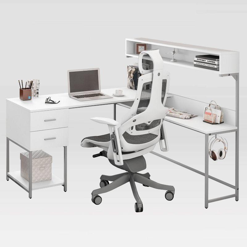 L Shape Desk with Hutch and Storage White - Techni Mobili: Industrial Style, Engineered Wood, Steel Frame, Ample Workspace