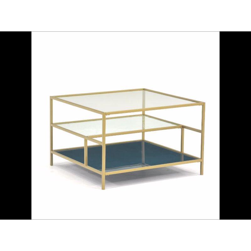 Satin Gold Square Coastal Glass Coffee Table with Abstract Shelves
