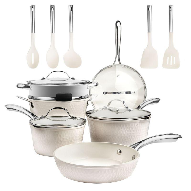 Gotham Steel Hammered Cream 15-Piece Ultra Ceramic Nonstick Cookware Set with Utensils