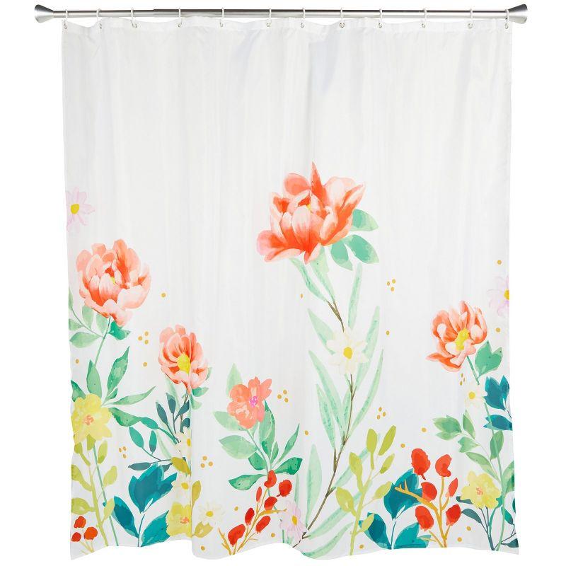 Watercolor Floral Fabric Shower Curtain Set with Hooks