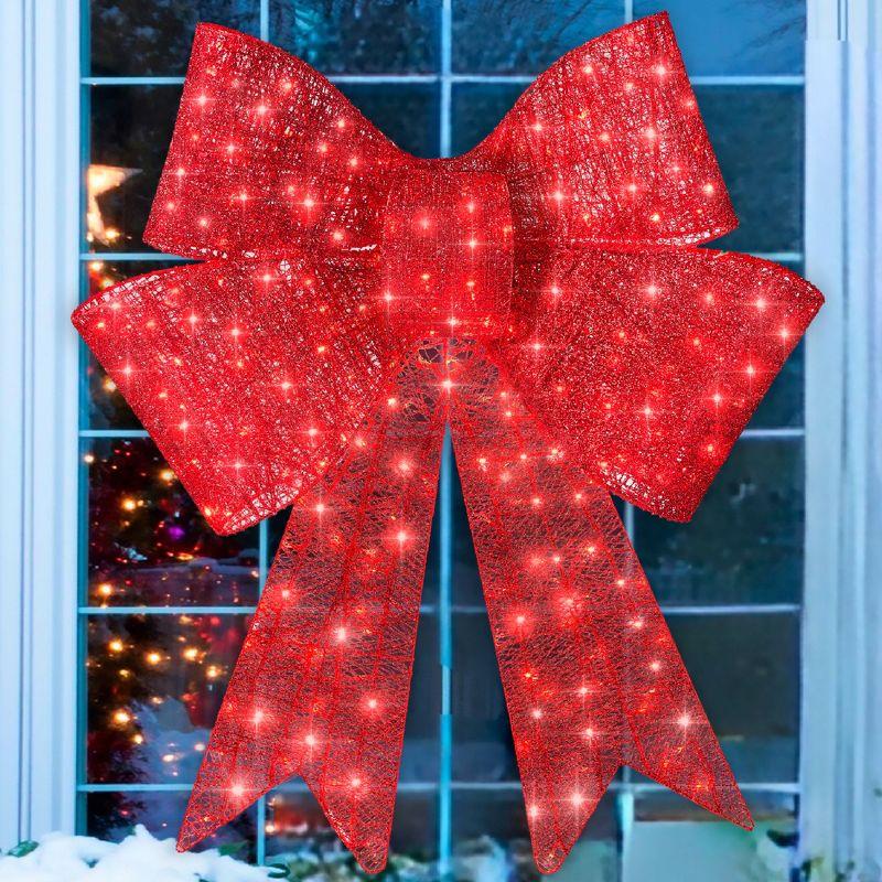 The Holiday Aisle® 48In Pre-Lit XL Christmas Bow, Large Outdoor LED Lighted Holiday Decor W/ 8 Light Functions, Hook