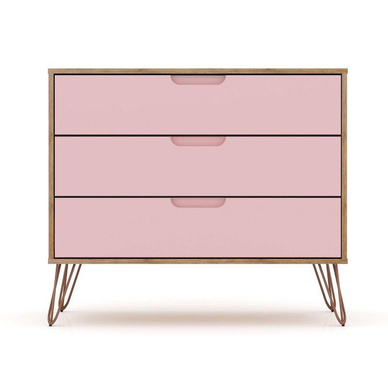 Set of 2 Rockefeller 3 Drawer Dresser Nature/Rose Pink - Manhattan Comfort: MDF Bedroom Storage, Easy-Glide, 6 Drawers