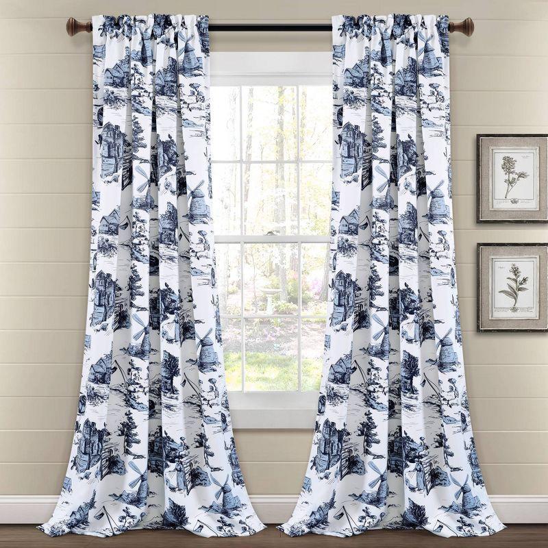 French Country Toile Blue and White Blackout Curtain Panels