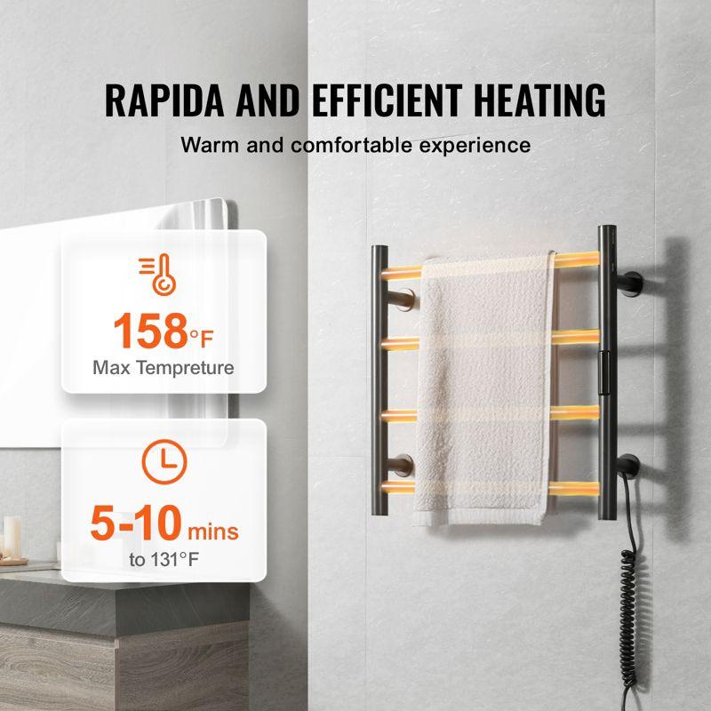 VEVOR 4 Bars Towel Warmer Rack, Wall Mounted Heated Towel Rack for Bathroom, IPX5 Waterpoof Towel Heater Rack with Timer & Display Screen, Black