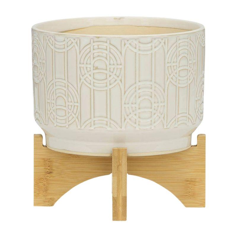 White Ceramic Planter with Bamboo Stand, 7-inch