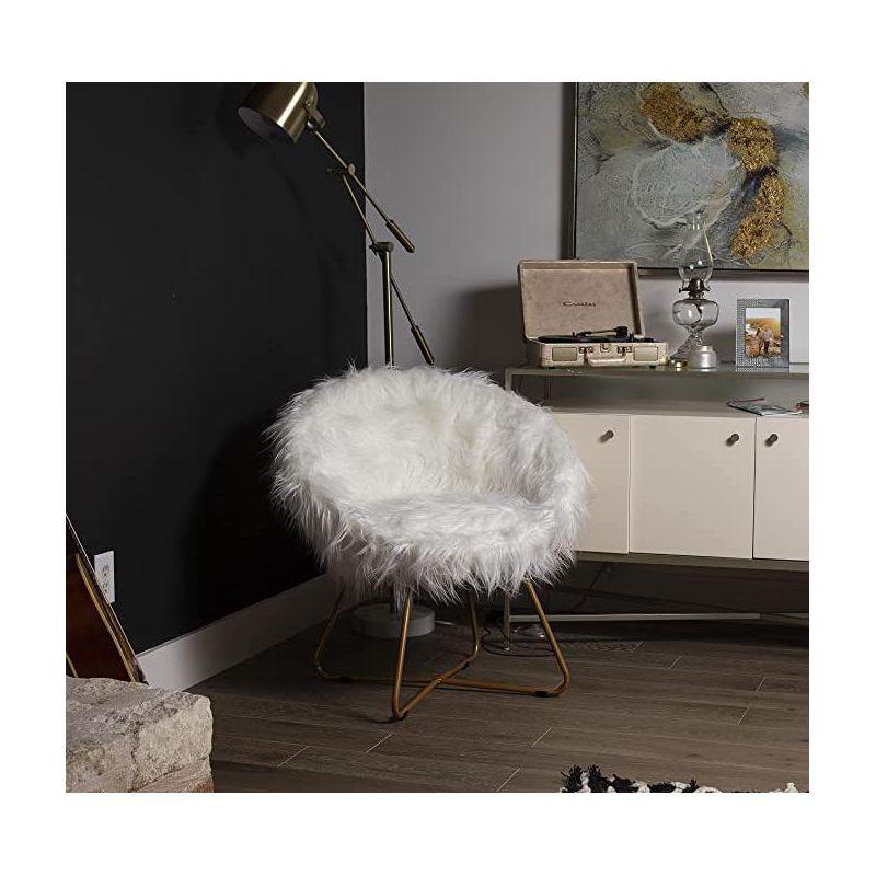 White Faux Fur Papasan Chair with Pale Gold Legs