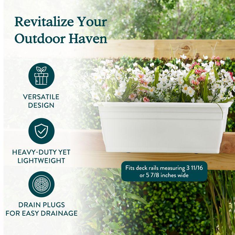 The HC Companies 24 Inch Wide Heavy Duty Plastic Deck Rail Mounted Garden Flower Planter Box with Removable Drainage Plugs, White