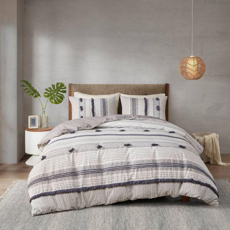 Ink+Ivy 3pc Full/Queen Cody Cotton Duvet Cover Set Gray/Navy: Woven Stripe, Lightweight, OEKO-TEX Certified