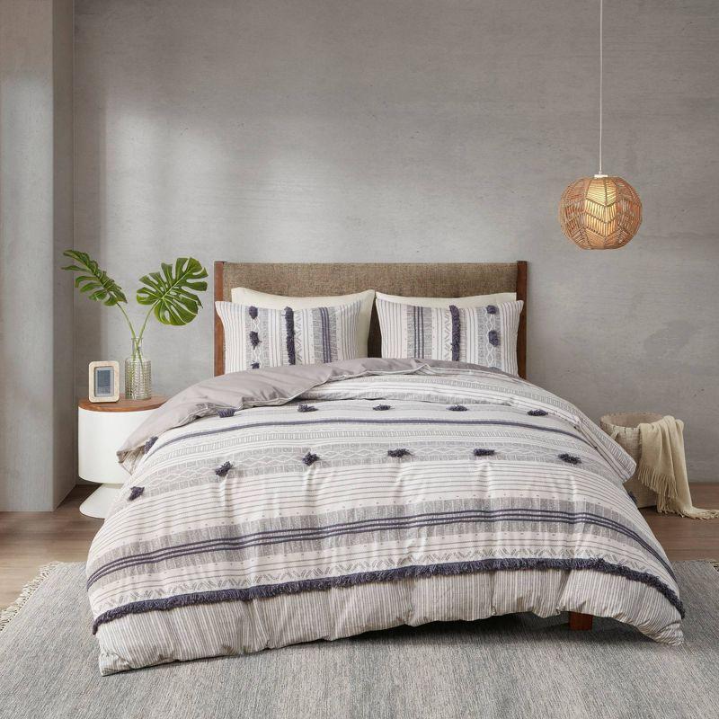 Cody Full/Queen Gray and Navy Cotton Duvet Cover Set