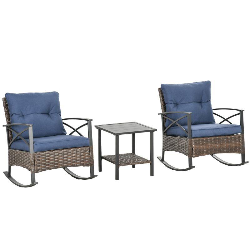 Outsunny 3 Piece Rocking Chair Bistro Set, Outdoor Wicker Porch Conversation Set with 2 Rockers, Table, Tufted Cushions for Garden, Dark Blue