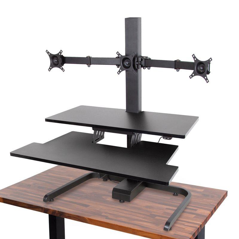 Techtonic Electric 3 Arm Monitor Mount Standing Desk - Sit to Stand Desk Converter with Keyboard Tray – Black – Stand Steady