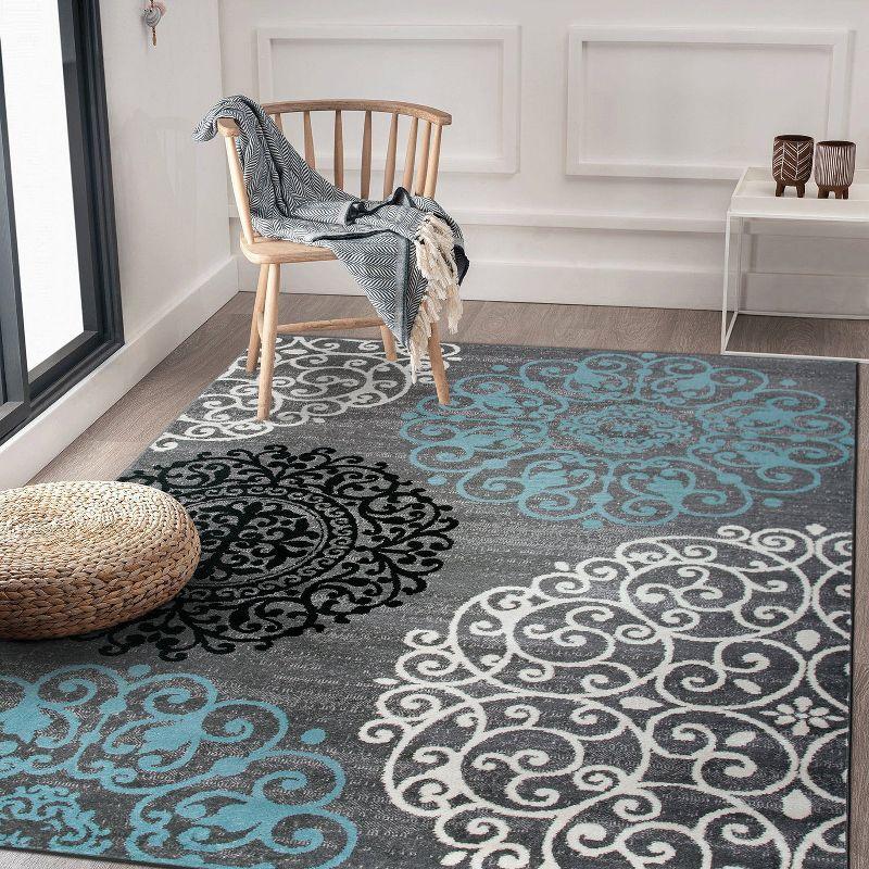 Gray and Blue Floral Synthetic Low Pile Area Rug