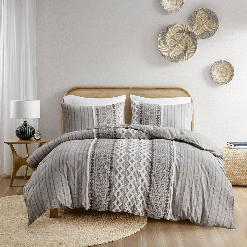 Gray Geometric Cotton King/Cal King Duvet Cover Set