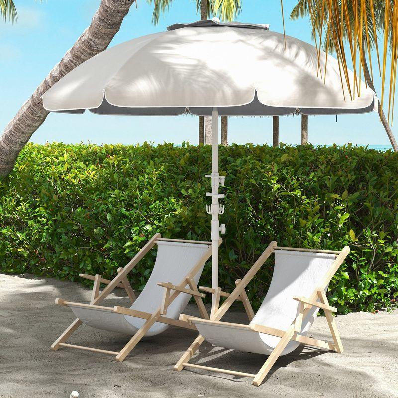 Outsunny 5.7' Beach Umbrella with Cup Holders, Hooks, Vented Canopy, Portable Outdoor Umbrella, Cream White