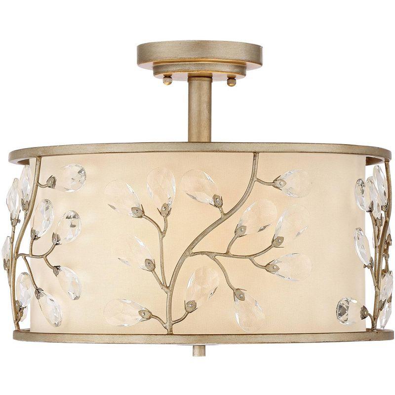 Barnes and Ivy Crystal Buds Vintage Ceiling Light Semi Flush Mount Fixture 16" Wide Antique Silver 3-Light Beige Fabric Drum Shade for Bedroom Kitchen