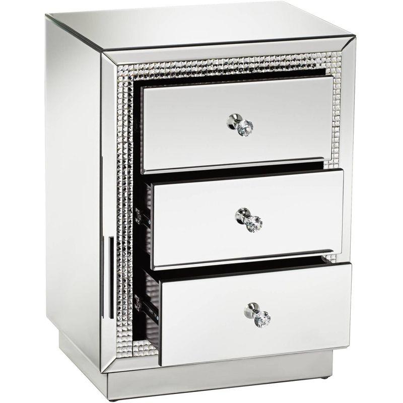 Studio 55D Biscaya Modern Mirrored Rectangular Accent Side End Table 19" x 13 3/4" with 3-Drawer Silver Crystal for Living Room Bedroom Bedside House