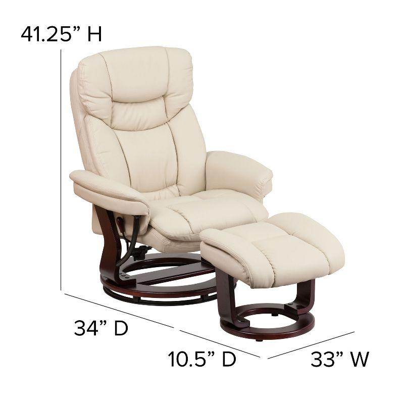 Beige Faux Leather Swivel Recliner with Mahogany Wood Base and Ottoman