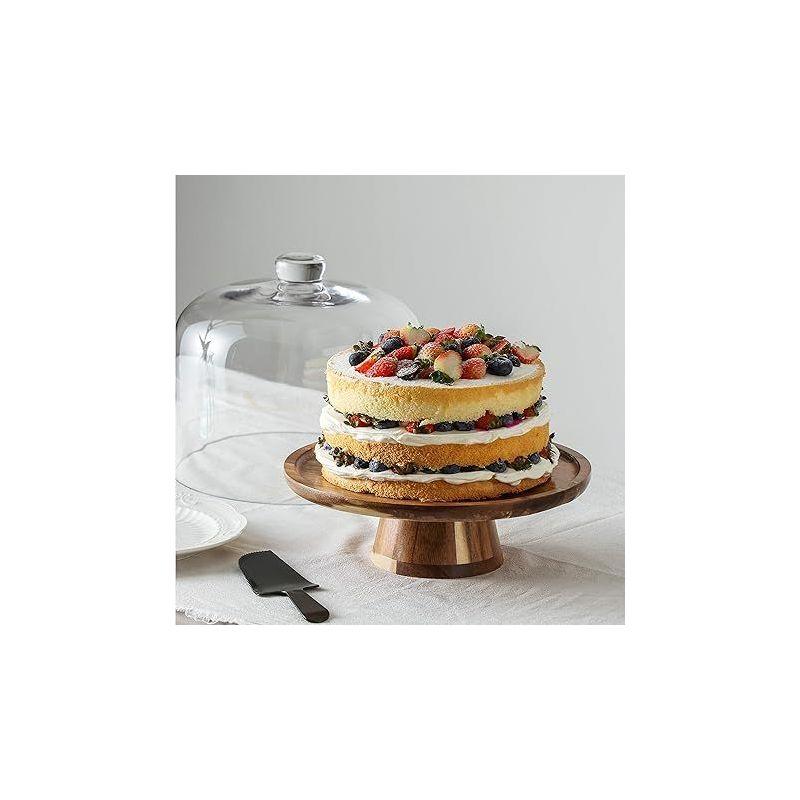 Whole Housewares 11" x 11" Acacia Wood Flat Round Server Cake Stand with Dome - Clear