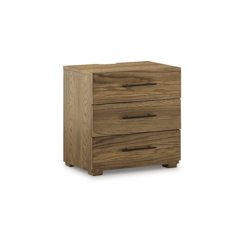 Brown Oak Veneer 3-Drawer Nightstand with Black Iron Pulls