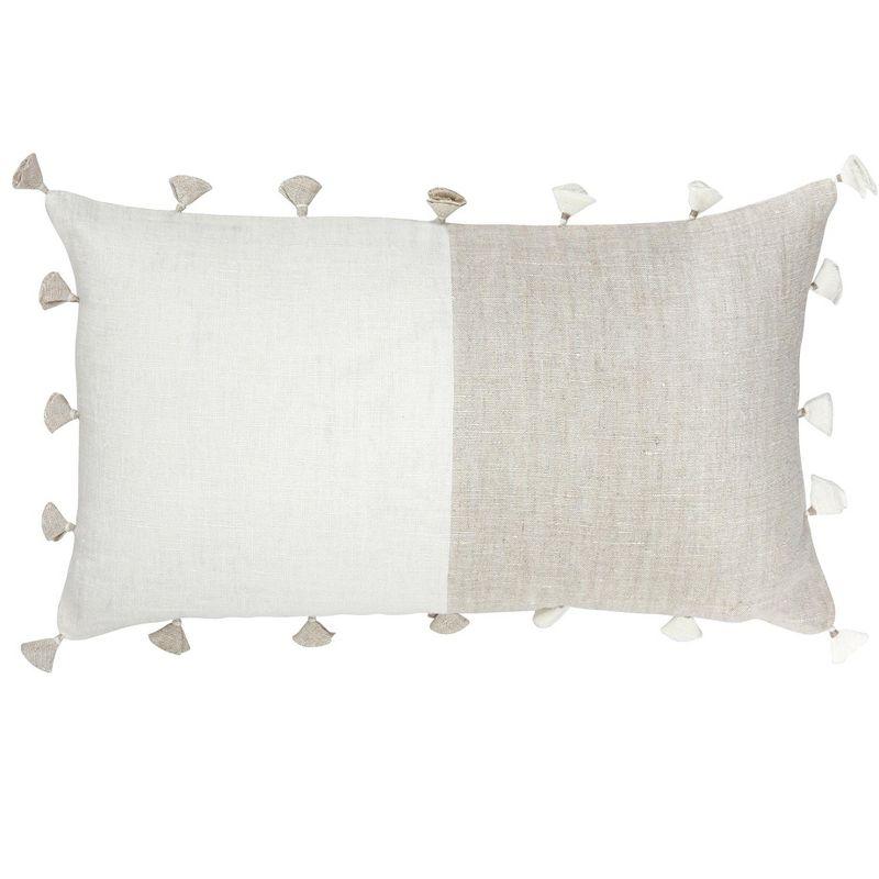 Natural Beige and White Linen Pillow with Tassels